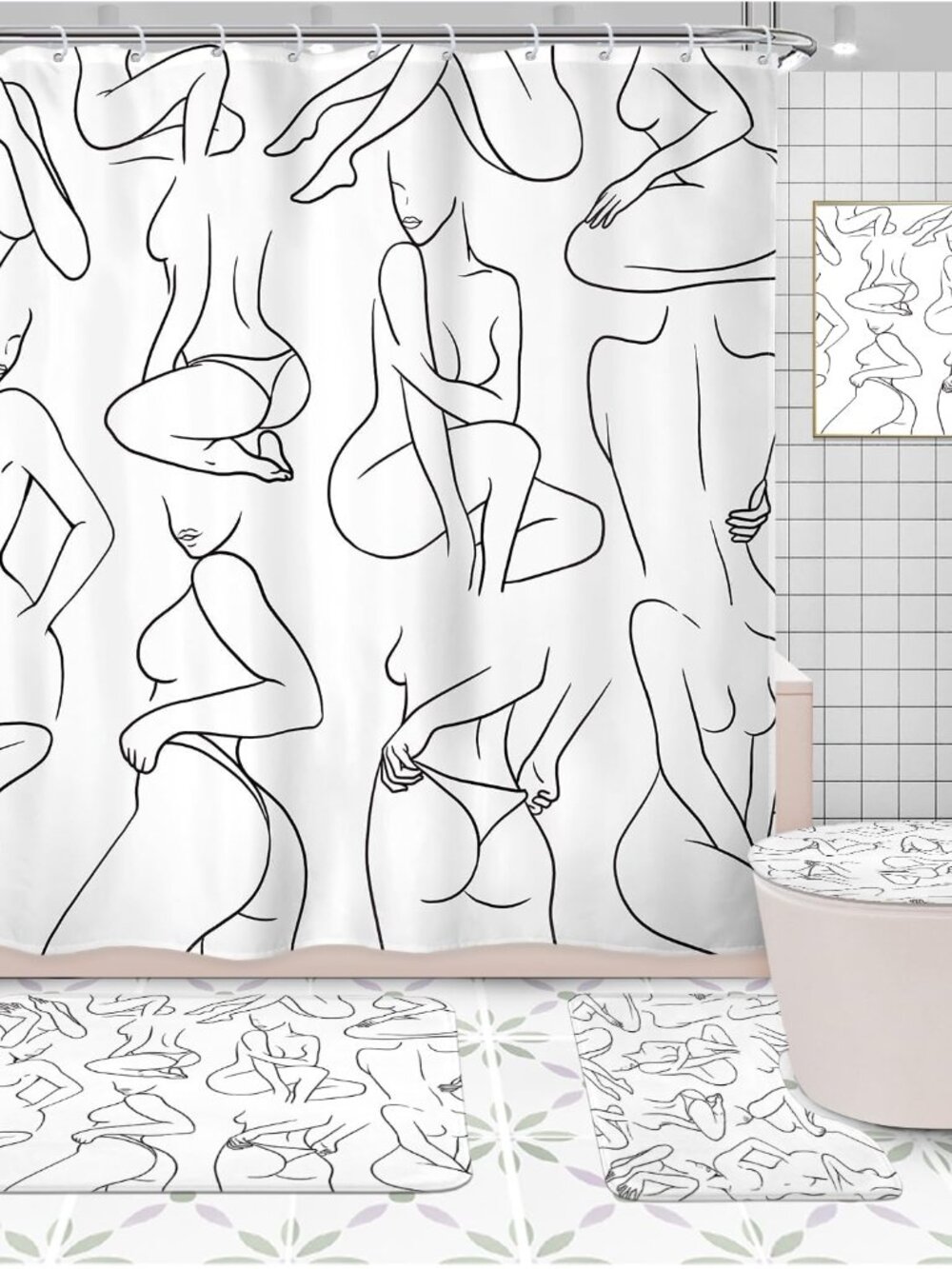 4PCs Abstract Black White Bathroom Sets Women Line Shower Curtain Set 72Wx72H Mo - Picture 5 of 7